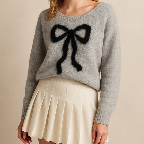 Maeve Anthropologie Holiday Winter Preppy Cozy Bow Sweater Gray Metallic Small - Picture 1 of 12